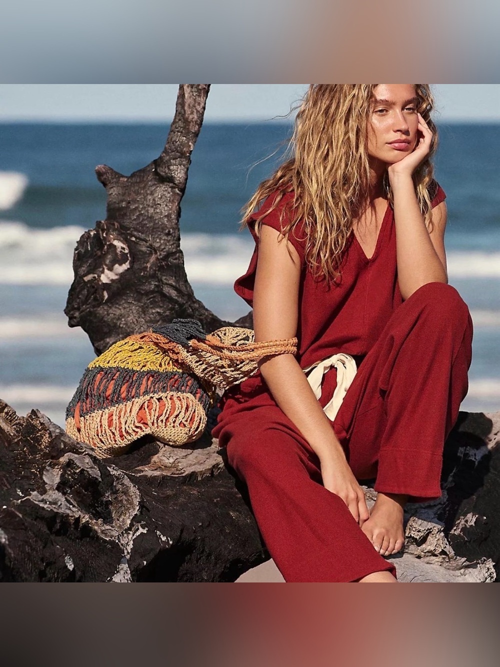 FREE PEOPLE Beach Wide Leg Cropped Day Tripper Pants Ribbed Red Size Medium